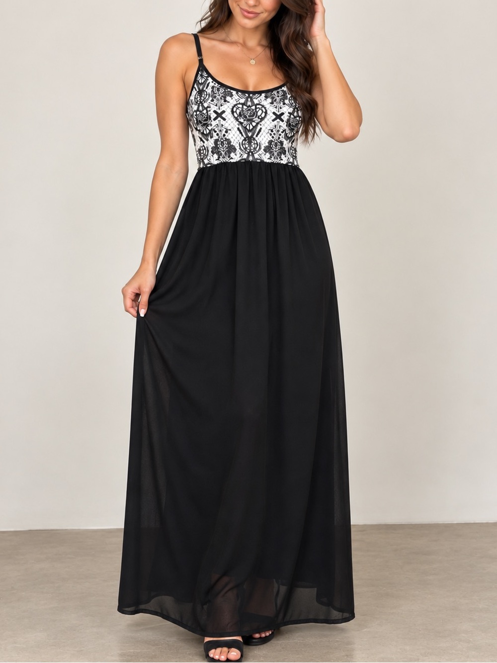 Metal Mulisha Black & White Goth Graphic Cutout Maxi Dress Size M